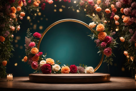 round frame with flowers presentation studio background. ai generative.の素材