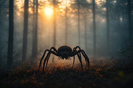 phobia fear horror silhouette of a huge spider in a forest. ai generative.の素材
