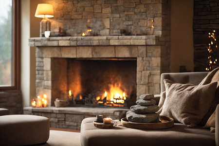 A stone fireplace in a living room. ai generative.の素材