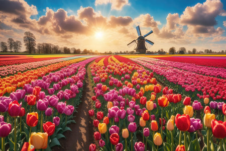 Panorama of landscape with blooming colorful tulips. ai generative.の素材