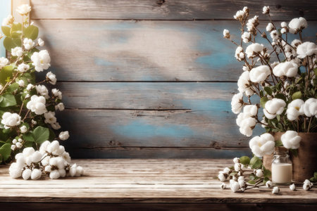 Empty rustic old wooden boards table with white flowers copy space. ai generative.の素材