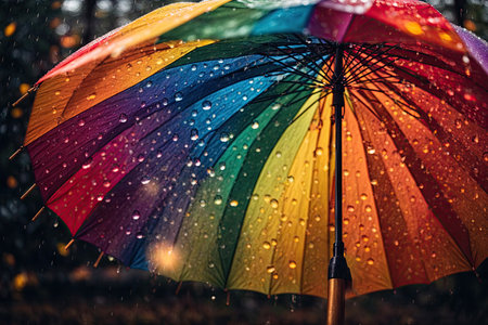 Autumn rainy weather background texture closeup of rainbow umbrella. ai generative.の素材