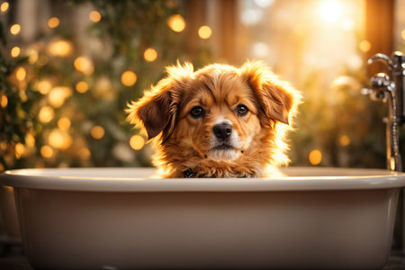 Cute puppy dog in bathtub, pets cleaning. ai generative.の素材