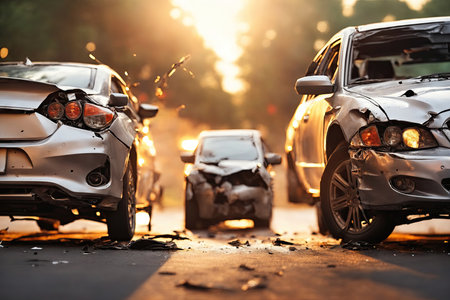 back view of two cars accident violently facing each other. ai generative.の素材