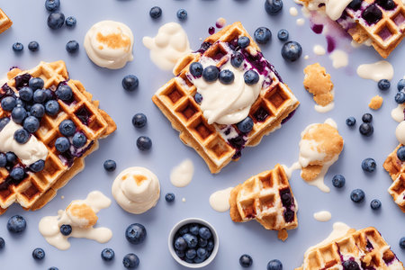 Blueberry waffles with cream on pastel background. ai generative.の素材