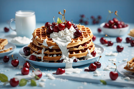 Cherry fruit waffles with cream on pastel blue background. ai generative.の素材