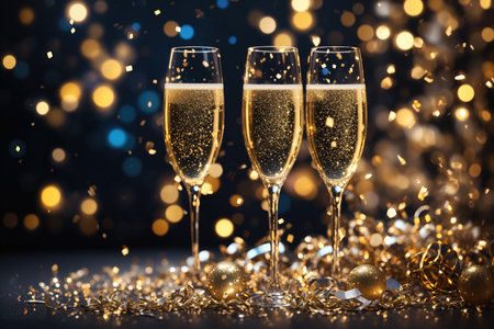 glasses of champagne with confetti glitter background. ai generative.の素材