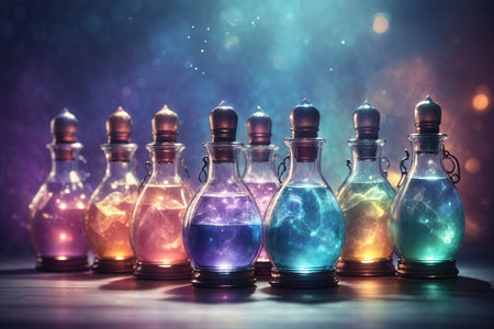 Magic potions in a row on pastel background. ai generative.の素材