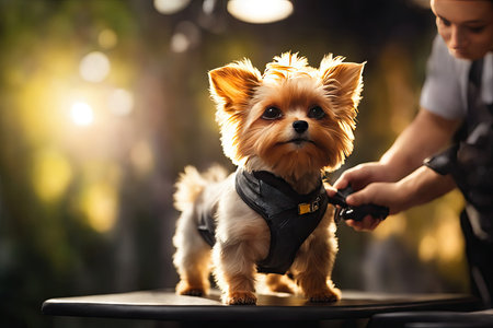 Professional groomer gives cute little dog trendy hair. ai generative.の素材