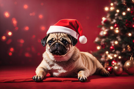 Puppy Pug in a Santas hat isolated on red background. ai generative.の素材