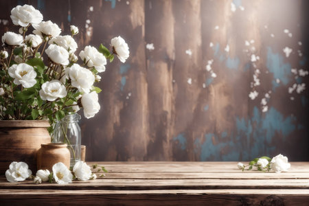 Empty rustic old wooden boards table with flowers copy space. ai generative.の素材