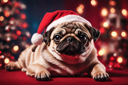 Puppy Pug in a Santas hat isolated on red background. ai generative.の素材