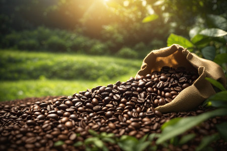 Bag of fresh roasted coffee beans on the green plant. ai generative.の素材
