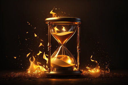 Golden hourglass in fire illustration on dark background. ai generative.の素材