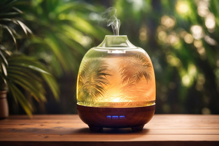 closeup Aroma oil diffuser on wooden table. ai generative.の素材