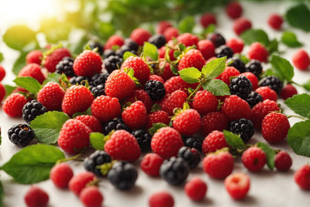 Top view Frame of fresh berries and green leaves on white background. ai generative.の素材