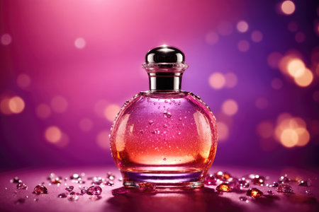 Perfume or cosmetic glass bottle on purple background. ai generative.の素材
