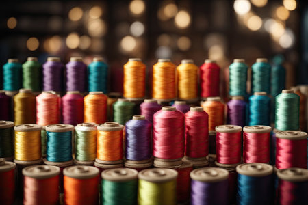 Colorful spools of thread arranged neatly. ai generative.の素材