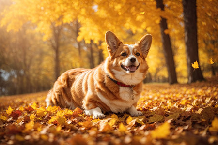 Happy Corgi dog on Autumn nature background. ai generative.の素材