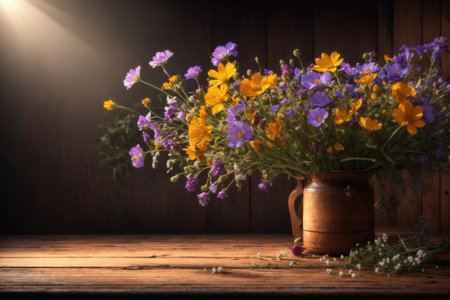 Wildflowers and wooden table background. ai generative.の素材