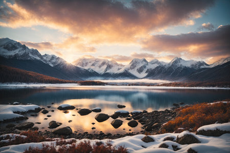 a snowy mountain range with a lake surrounded by snow. ai generative.の素材
