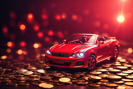Red car on coins Car insurance and car loans. ai generative.の素材