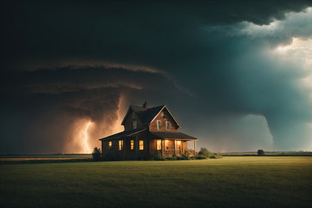 A house in a field with a tornado in the background. ai generative.の素材
