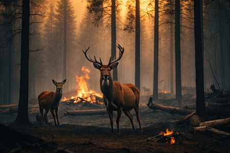 Deer on background of burnt forest, fire climate. ai generative.の素材