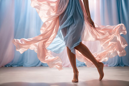 Smooth womens legs in a silk airy fall cloth Pastel dress. ai generative.の素材