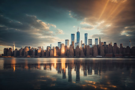 Manhattan Skyline with Reflections detailed contrast. ai generative.の素材
