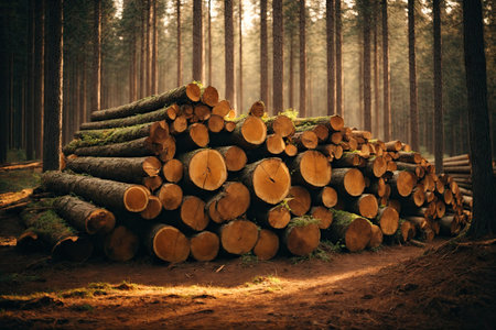Stack of freshly cutted trees in a forest. ai generative.の素材