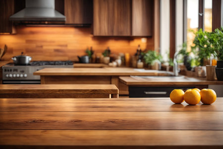 Wooden table on blurred kitchen bench background. ai generative.の素材