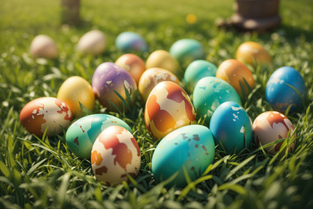 beautiful colored easter eggs on green grass. ai generative.の素材