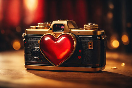 camera with Red heart as love symbol watercolor illustration. ai generative.の素材