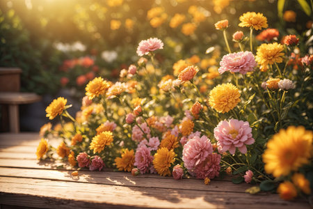 Garden flowers on wooden table background. ai generative.の素材