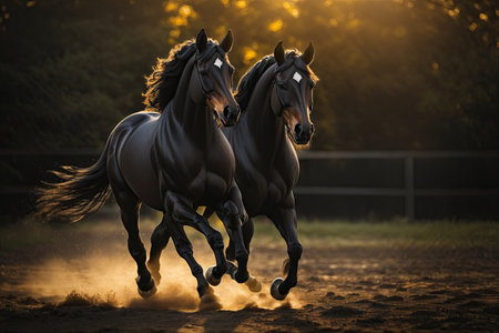 Black stallion horse running. ai generative.の素材