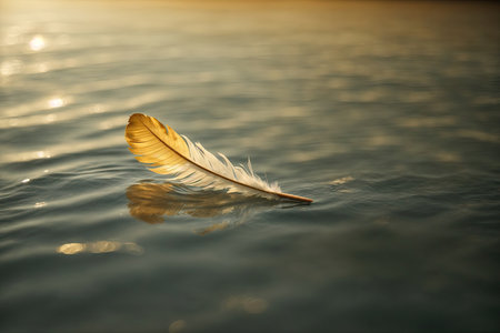 serene minimalist image of a single feather floating in the river. ai generative.の素材