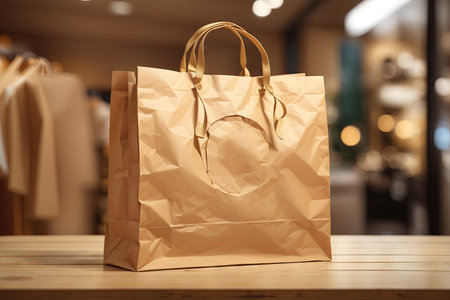 Mockup of wooden paper shopping bag on the wooden table. ai generative.の素材