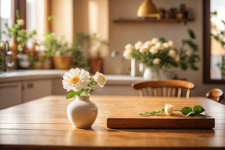 Wooden table on blurred kitchen bench background. ai generative.の素材