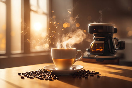 bright room with hot coffee with steam heart. ai generative.の素材