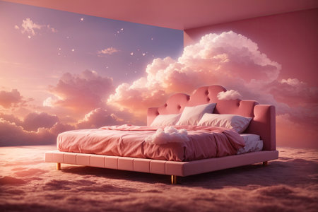 Illustration of a pink bed with a cloud floating. ai generative.の素材