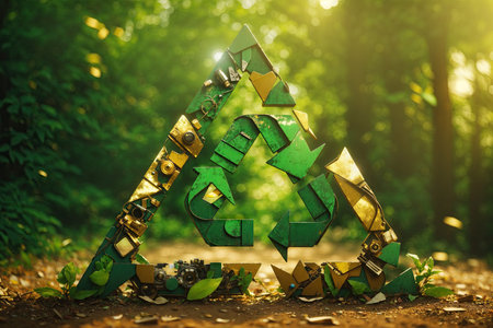 Green triangular eco recycle sign. ai generative.の素材