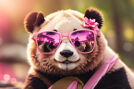 closeup a panda bear wearing pink sunglasses. ai generative.の素材