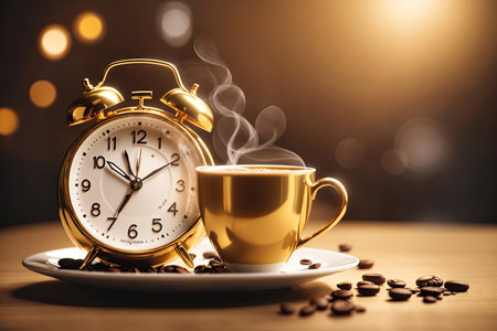 cup of hot coffee with an alarm clock on wooden table. ai generative.の素材