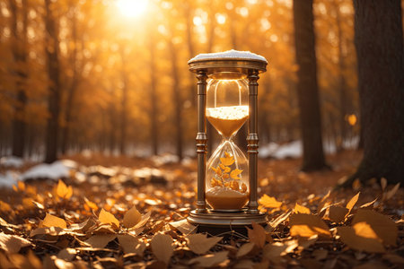 time going by in beautiful hourglass on autumn leaves. ai generative.の素材