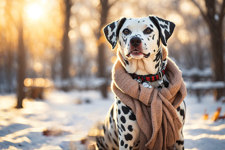 Portrait of a happy Dalmatian in a winter park. ai generative.の素材