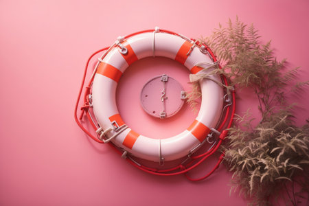 Top view of lifebuoy on pink background copy space. ai generative.の素材