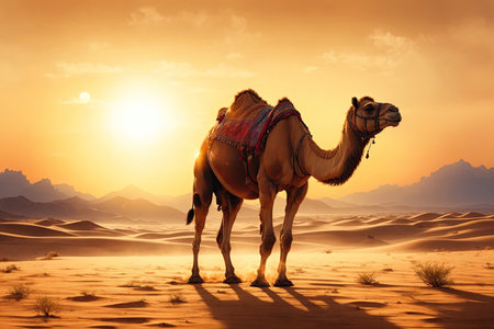 One camel walking through a desert. ai generative.の素材
