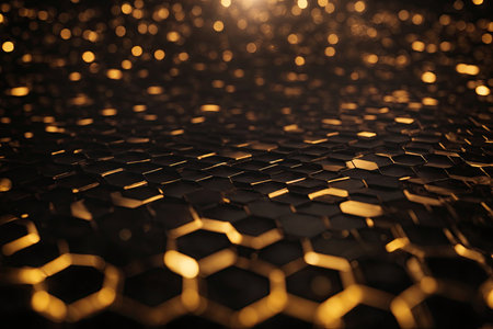 Get a glimpse of the future with this black and gold hexagon background. ai generative.の素材