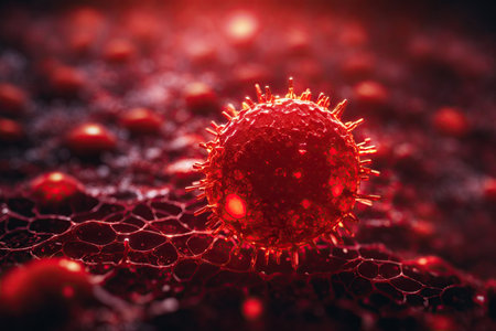 red glow virus cell, biological blood splash. ai generative.の素材